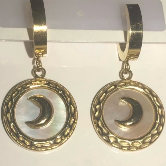 “Mother of Pearl Crescent Moon” Rainbow Iridescent Celestial Gold Steel Hoops - Picture 3 of 17